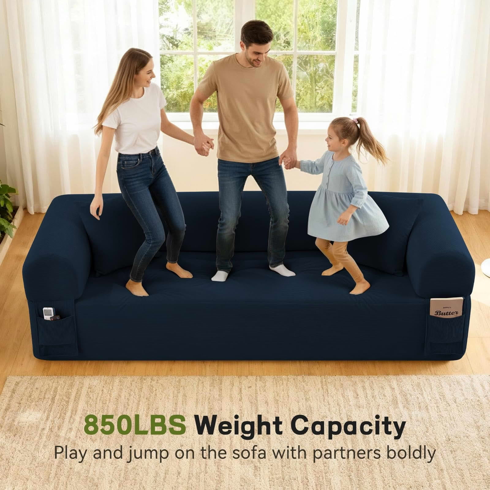 MAYEERTY 83" Blue Corduroy 3-Seater Sofa, 600lbs Pocket Spring No Assembly Couch for Living Room