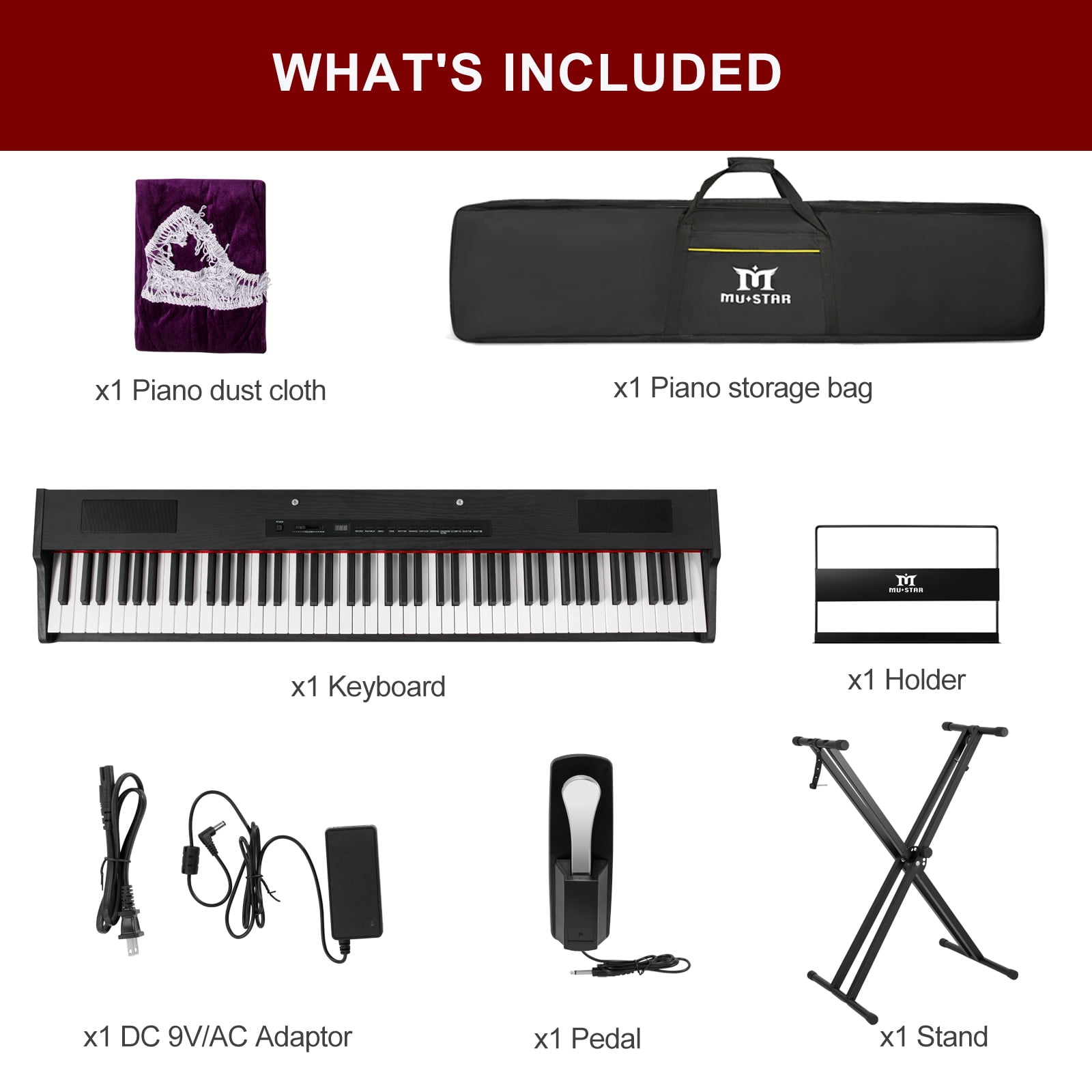 MUSTAR Weighted Digital Keyboard Piano 88 Keys Hammer Action with Stand, Bluetooth, Portable Case, Sustain Pedal (Black)