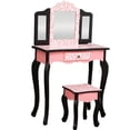 thumbnail image 1 of Tocador de madera para niños y juego de taburete con 3 espejos, tocador de maquillaje para princesa, muebles para niños FCH Modelo, 1 of 6