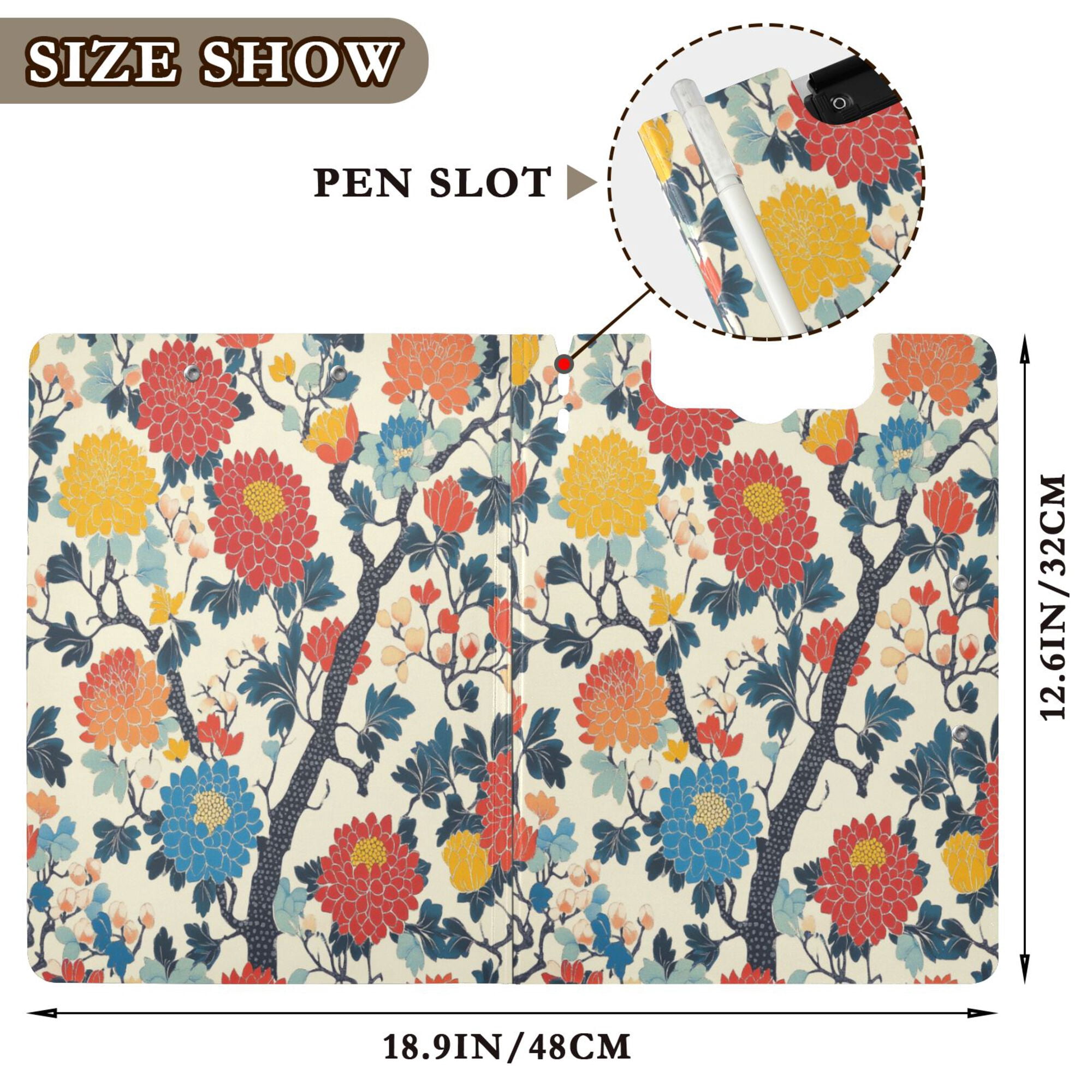 FORMRS A4 Clipboard Folder with Pen Holder Horizontal Foldable School Office Binder, Vibrant Japanese Flowers