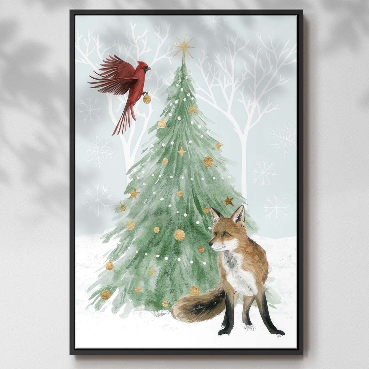 Christmas in the Forest Collection B - Framed Gallery Wrapped Holiday Canvas - 27 x 41 - Black Frame