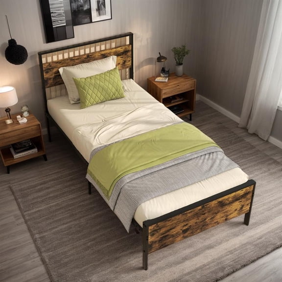 Topcobe Twin Metal Bed Frame Industrial Platform Bed with Wooden Headboard, Indoor Furniture, Modern Furniture for Bedroom-Twin Size