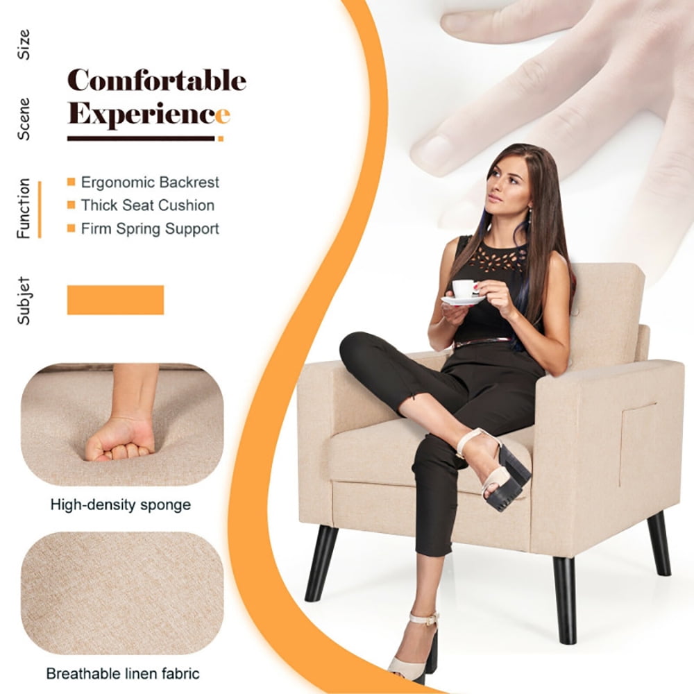 Finihen Upholstered Armchair Chair, Mid-Century Upholstered Armchair Club Chair with Rubber Wood Legs, for Living Room, Bedroom, Beige