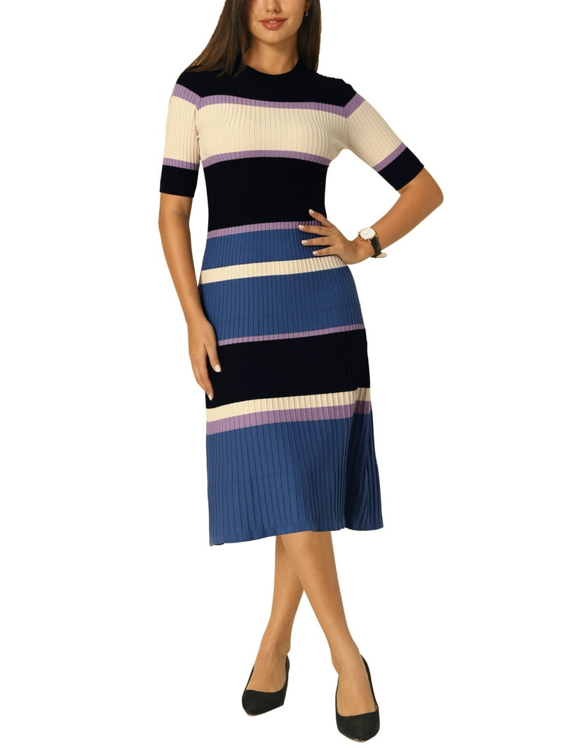 purple striped sweater dress H&M Purple Striped Sweater Dress V Neck Short Sleeve Fitted Sz Extra Small