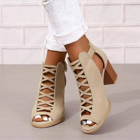 

Women Open Toe Crisscross Straps Back Zipper High Heel Fashion Sandal with Adjustable Ankle Strap