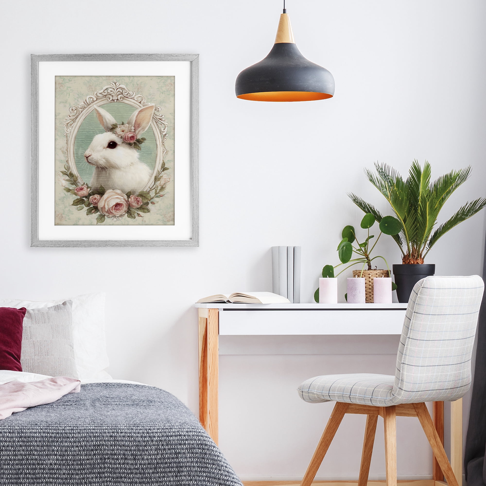 Stupell Industries Flower Fringed Bunny Portrait Gray Framed Print Under Glass, design by Ink Drop Loft