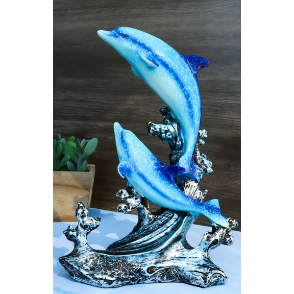 Nautical Marine Sea Ocean 2 Blue Dolphins Leaping Out Of The Reef Waves Figurine