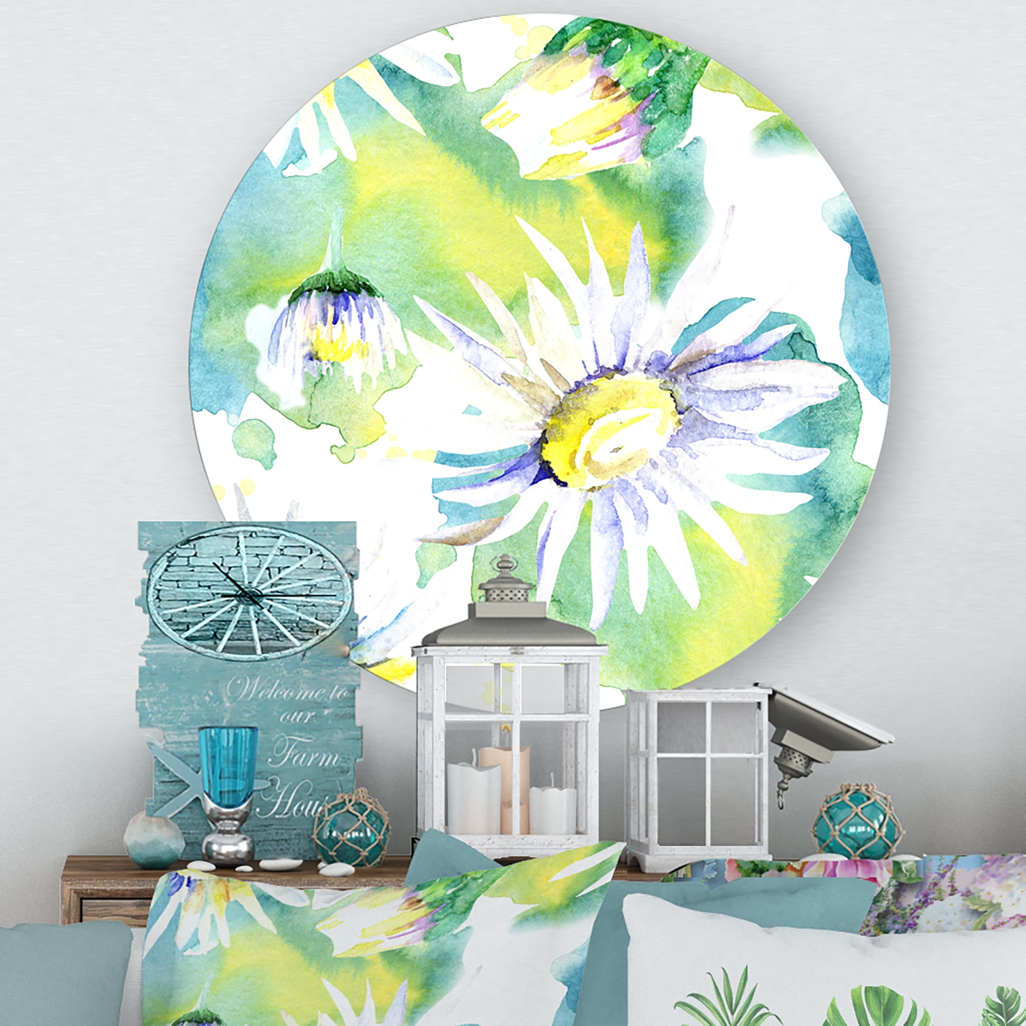 Designart 'Aquarelle Impression of Daisy Flowers II' Traditional Circle Metal Wall Art 11x11 - Disc of 11