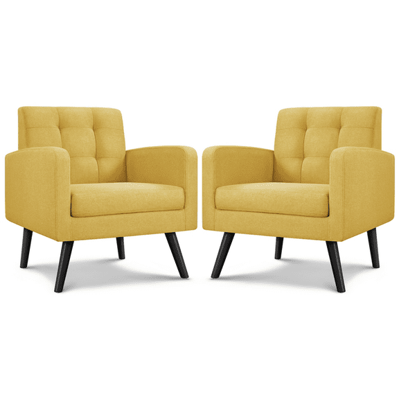 Alden Design Mid Century Modern Tufted Accent Chair with Rubberwood Legs, Set of 2, Yellow