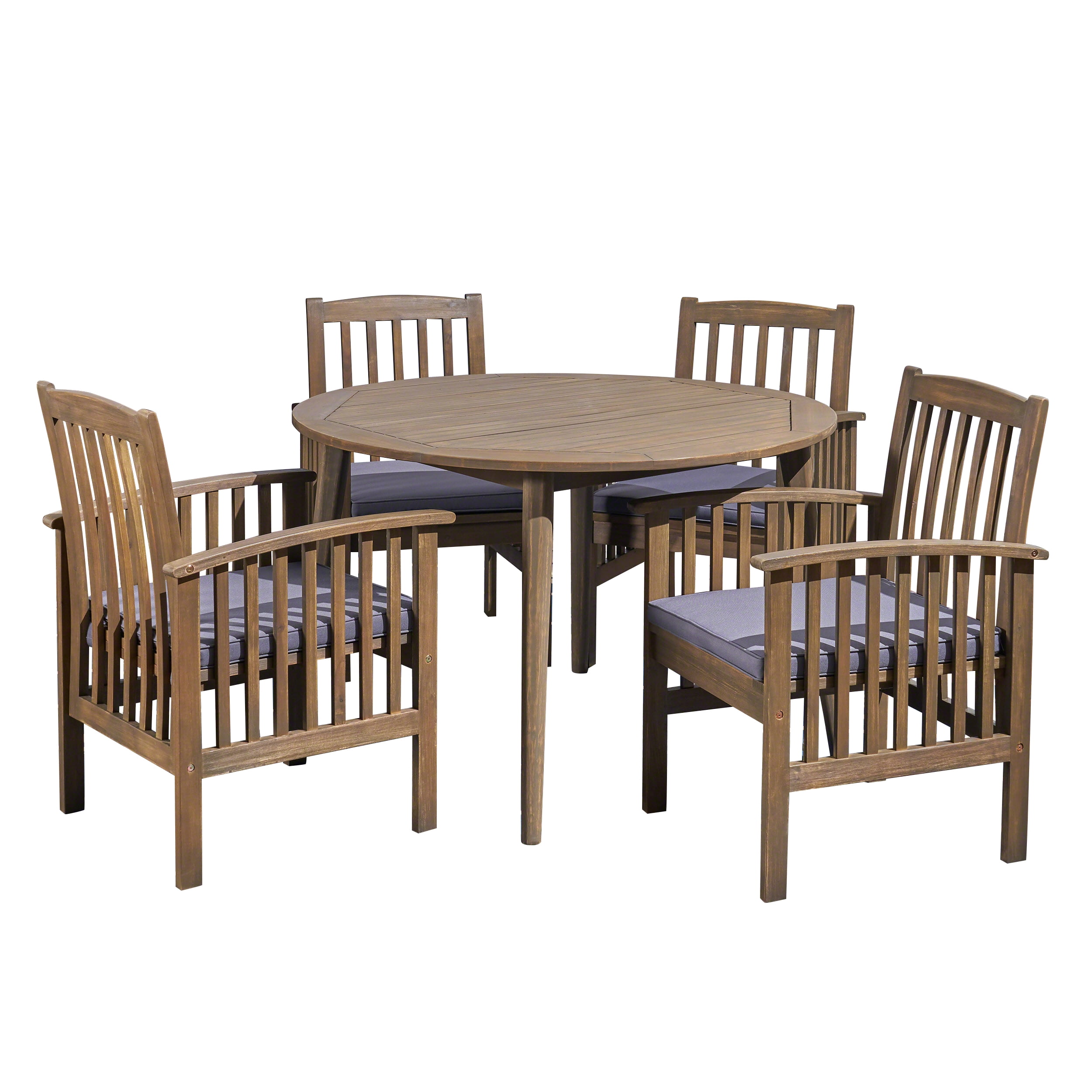 Frederic Outdoor 5 Piece Acacia Wood 47" Round Dining Set with Straight Legs and Cushions, Gray, Dark Gray