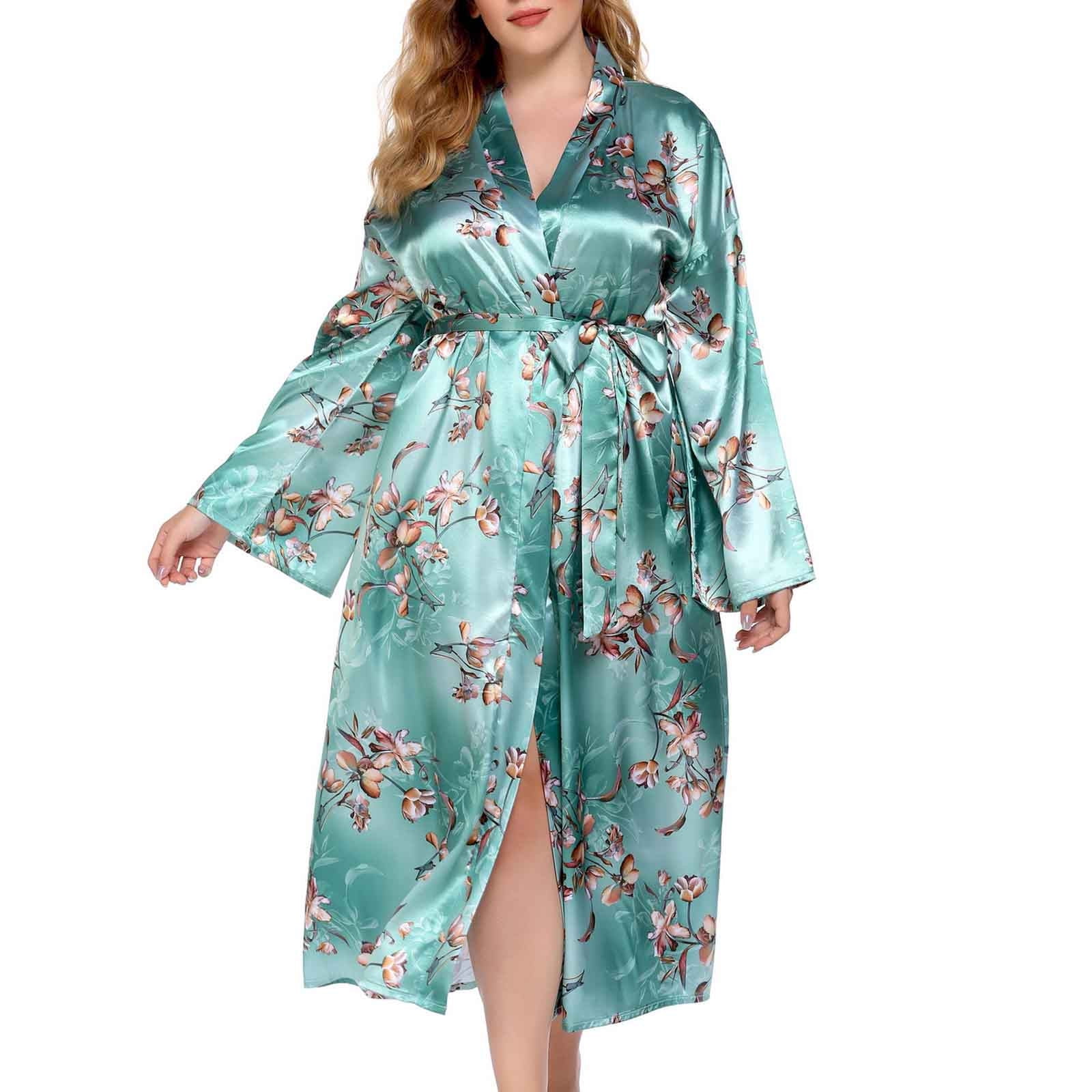 Blue Floral Satin Nightgown & Kimono Set | SilkFred US