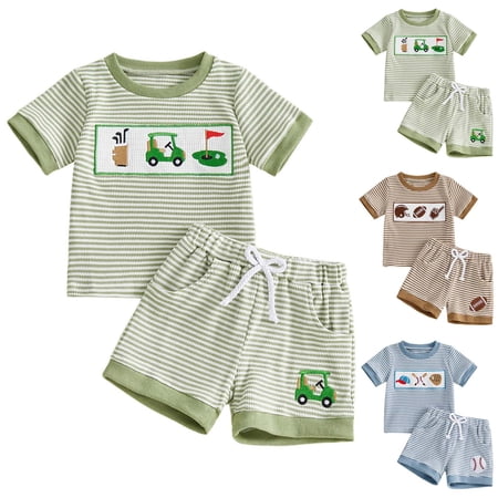 GCETTIC Toddler Baby Boy Summer Outfits Short Sleeve Striped Baseball Golf Embroidery Shirt Tops and Shorts Set Size 3-4 Years