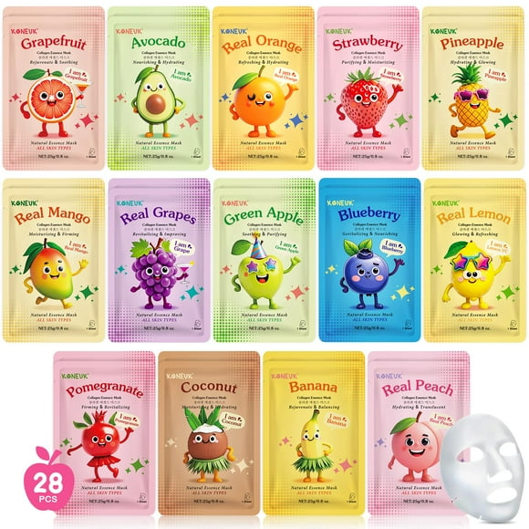 Set de mascarillas faciales KONEUK, 28 unidades, hidratante con colágeno de frutas