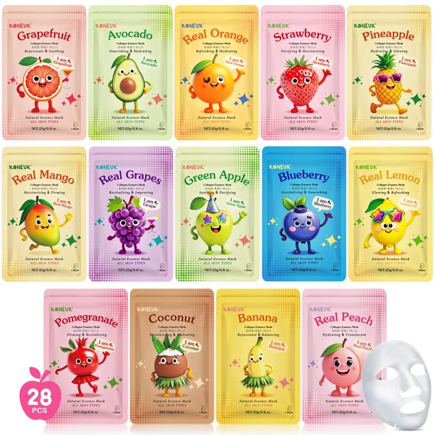 Set de mascarillas faciales KONEUK, 28 unidades, hidratante con colágeno de frutas