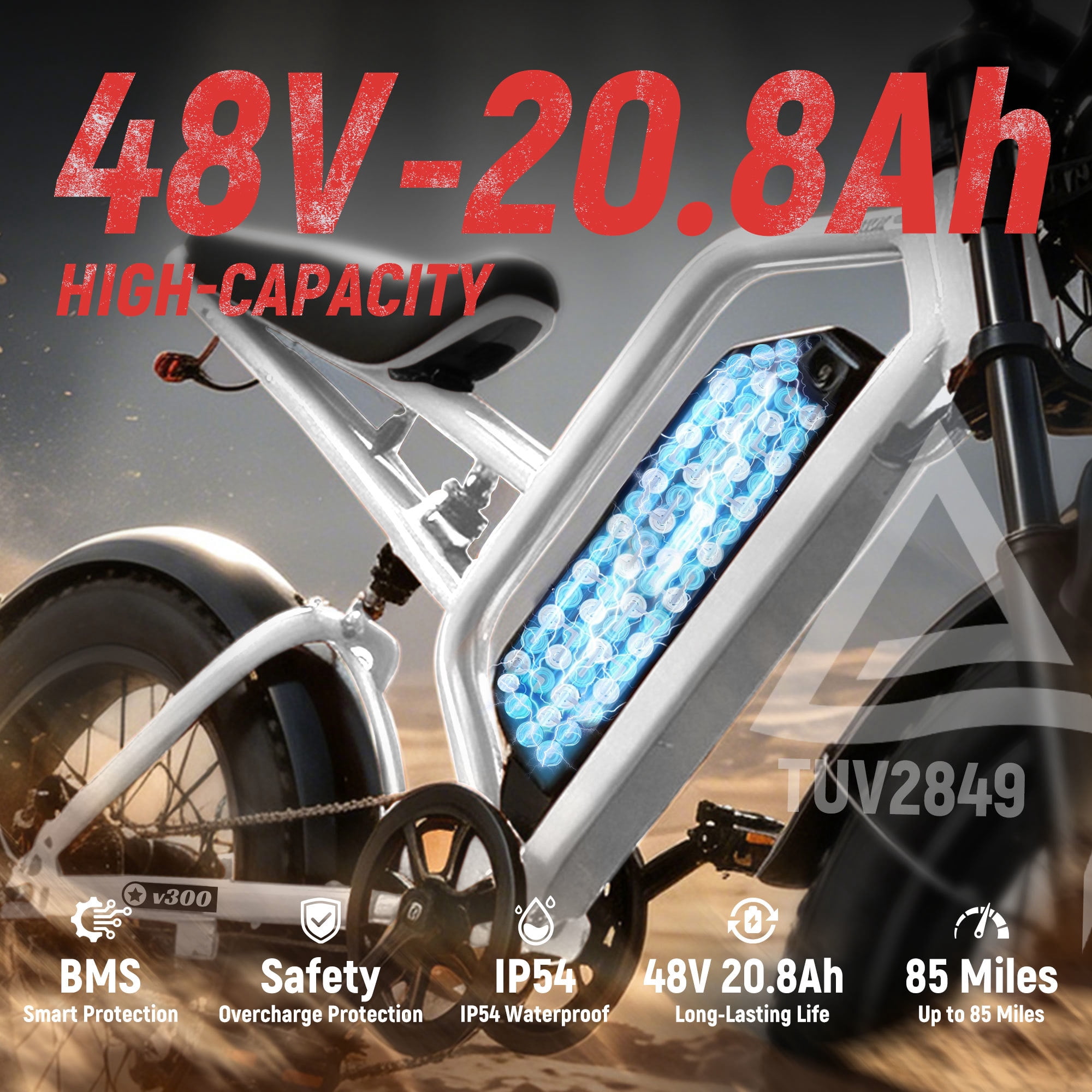 ESKUTE V300 Electric Dirt Bike for Adults & Teens, 1500W Motor, 30+MPH Max Speed, 48V 20.8Ah Removable Battery, 20" x 4.0" Fat Tires, 7-Speed, NFC Unlock White, UL2849