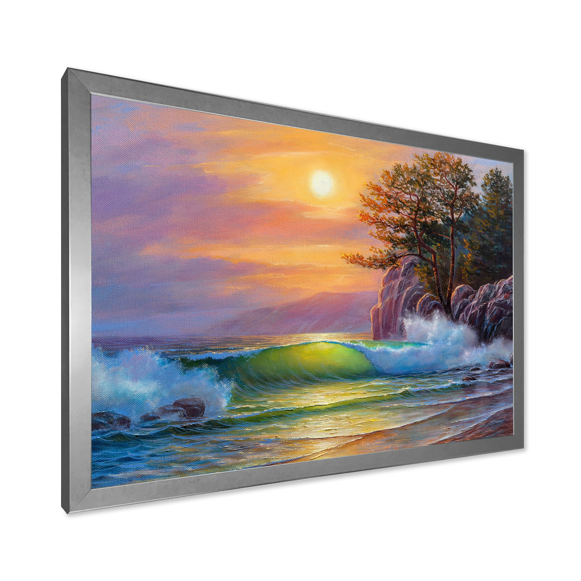 Designart 'Sunrise On Sea Waves By The Pine Trees' Nautical & Coastal Framed Art Print