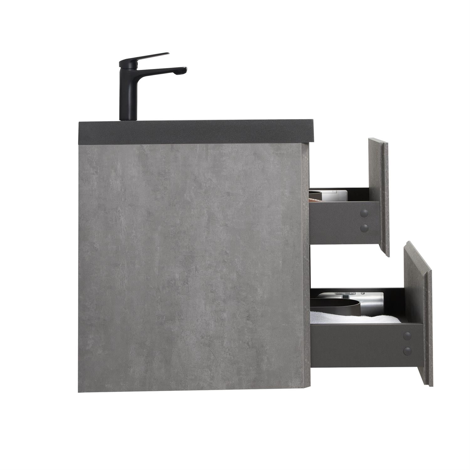 Demi Bonn 23" Floating Bathroom Vanity with Sink, Black Quartz Sand Top Basin and 2 Soft Close Drawers, Faucets and Drains Not Included, Gray