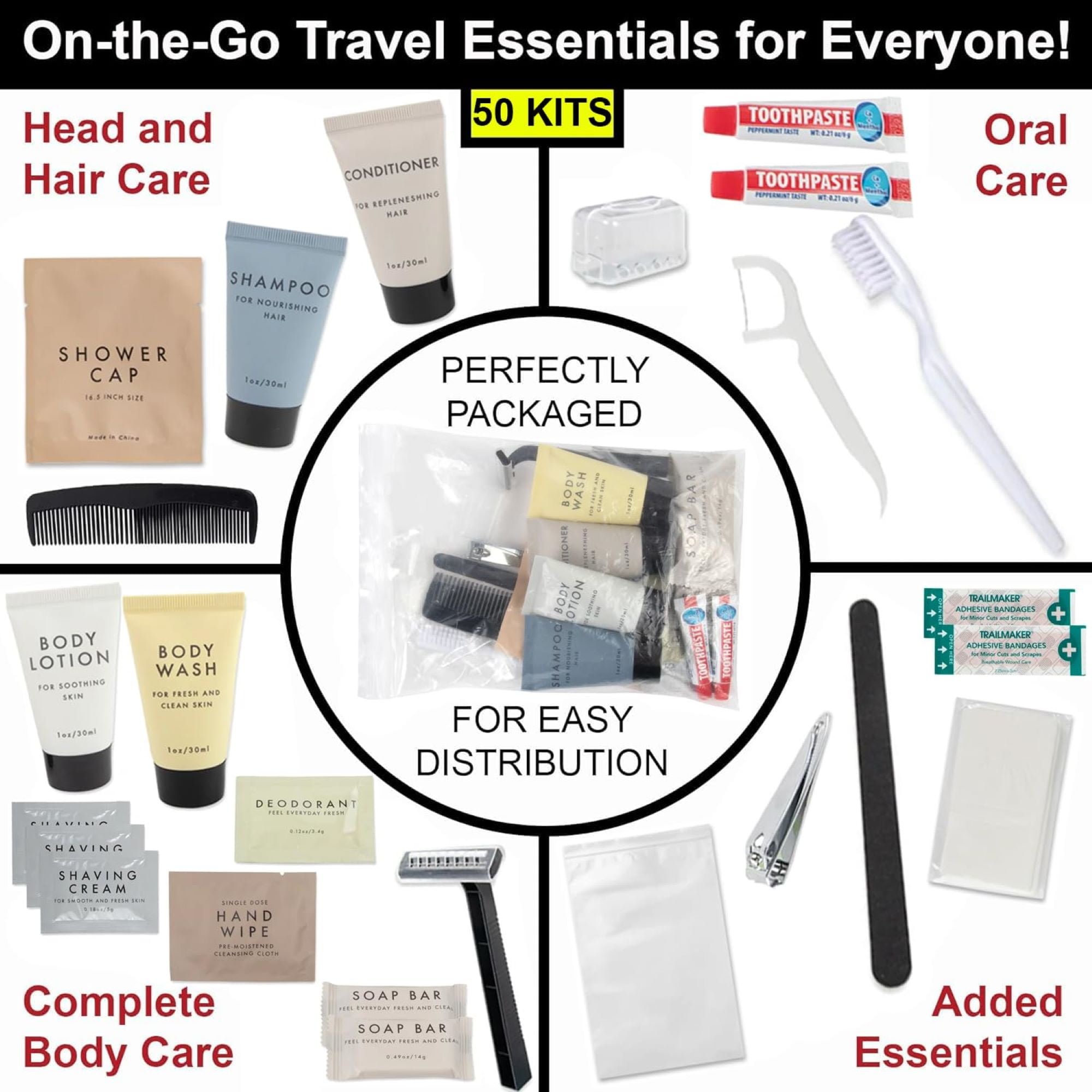 50 pack Trail maker 25 Piece Travel Size Toiletry Kits Containing Shampoo, Conditioner, Body Wash & More