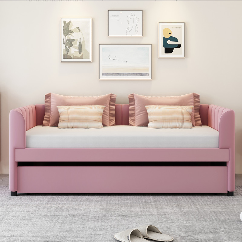 Aukfa Daybed with Trundle, Twin Size Upholstered Bed Frame, Velvet, Pink