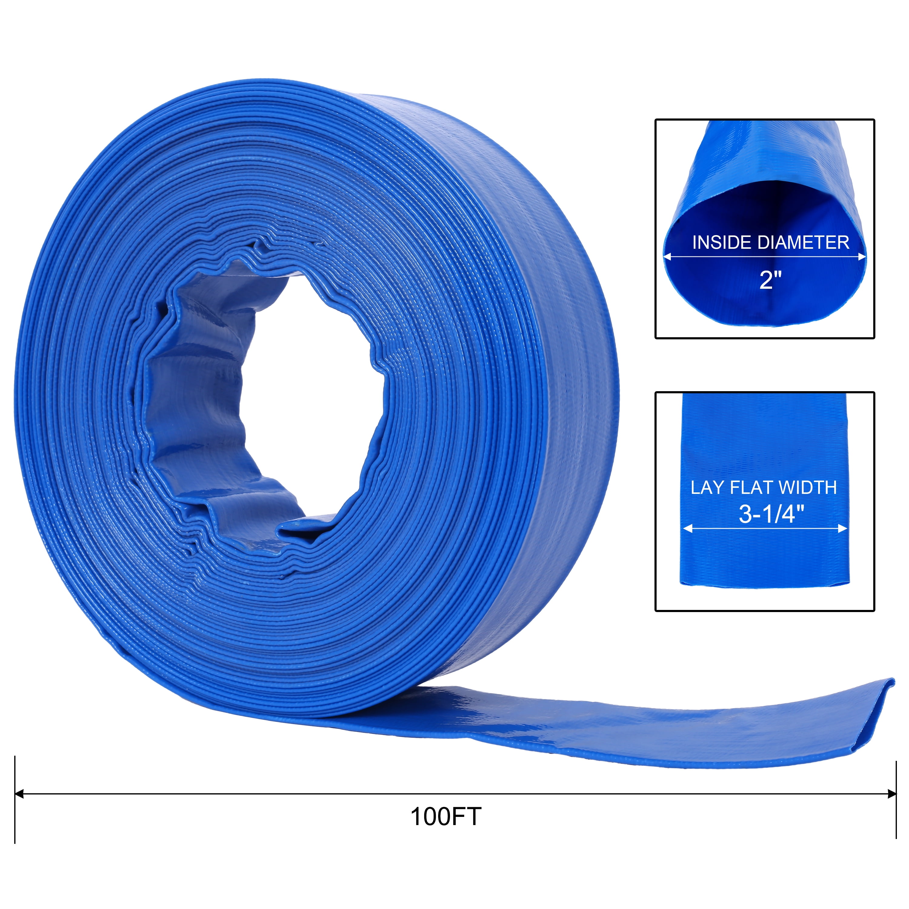 , 2"x100FT Pool Backwash Hose, Blue Heavy Duty Reinforced PVC Lay Flat Water Discharge Hose for Swimming Pool Filter Pump,with 2 Clamp, Blue ,Pvc ,