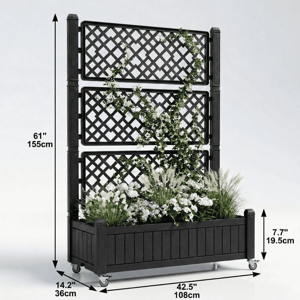 Uforic Outdoor 42.5x14.2x61 in Privacy Screen & Planter Box with Trellis, Raised Garden Bed with Wheels & Drain Plug, All-Weather Black Planter for Climbing Plants, Flowers, Herbs