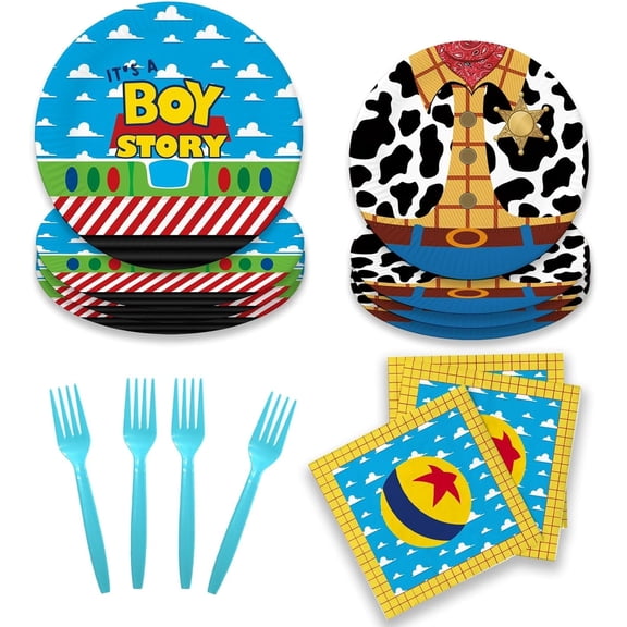 Toy Baby Shower Supplies Tableware Set, Baby Shower Decorations Boy, Blue Toy Theme Inspired Story It's A Boy Story Decorations, Plates, Napkins, Forks, Serves 24 Guests