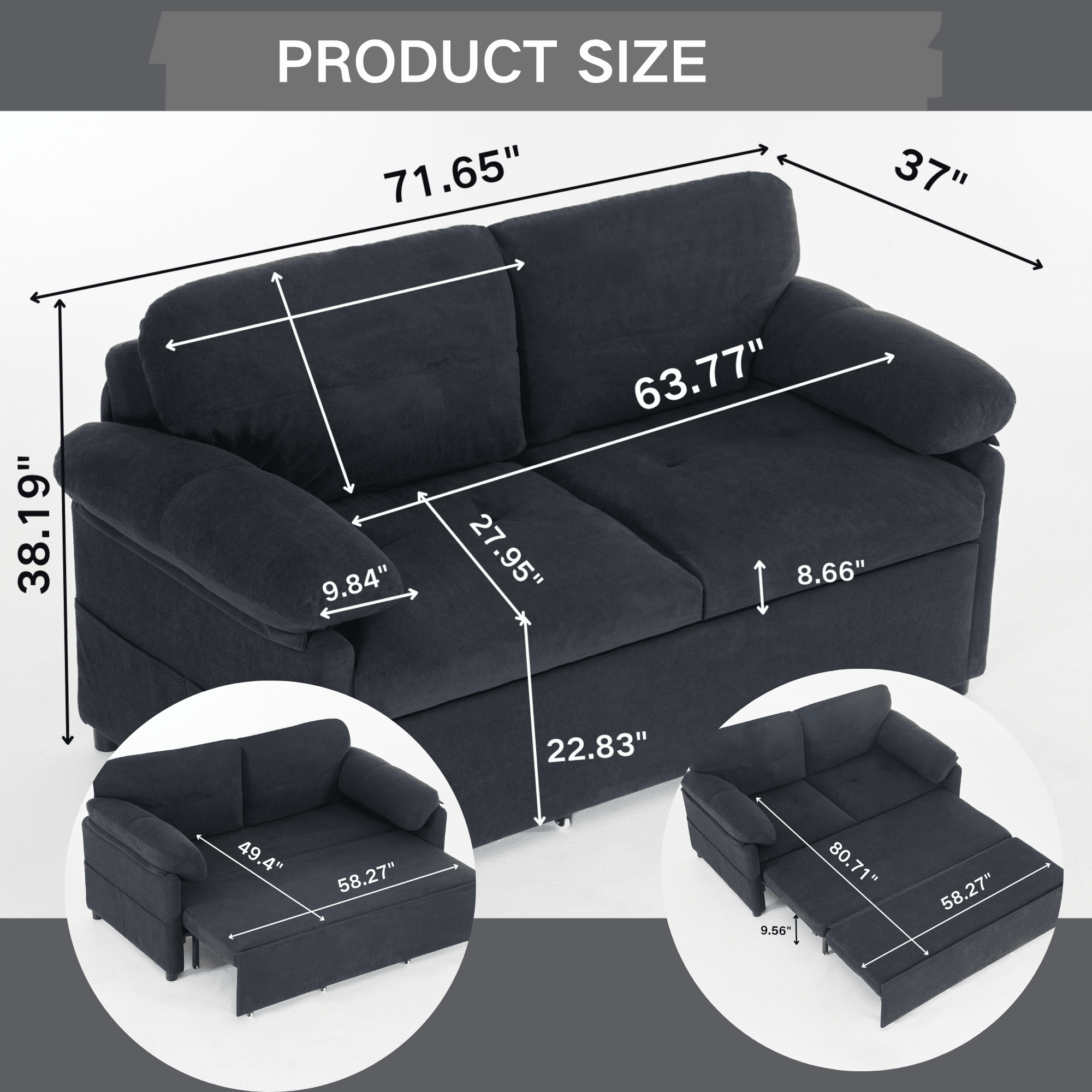 Convertible Pull Out Sofa Bed Queen Size, 3-in-1 Convertible Sleeper Couch with Thicked Cushions and Side Storage,Multi-Functional chenille Loveseat Sofa for Living Room,Bedroom,Apartment,Black