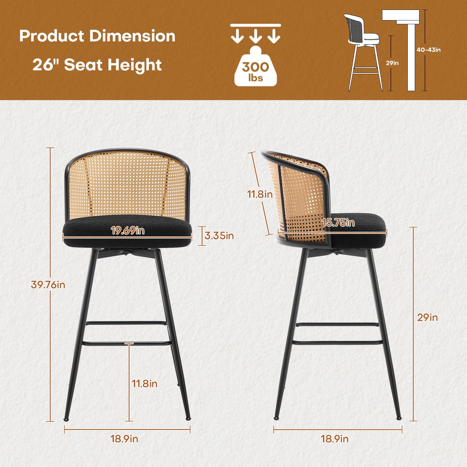 Foreate Cane Swivel Barstools Set of 2, 29" Seat Counter Height w/ Rattan Mid-Back Metal Legs, Upholstered Boucle Fabric Modern Armless Bar Stools Chairs for Kitchen Island Pub