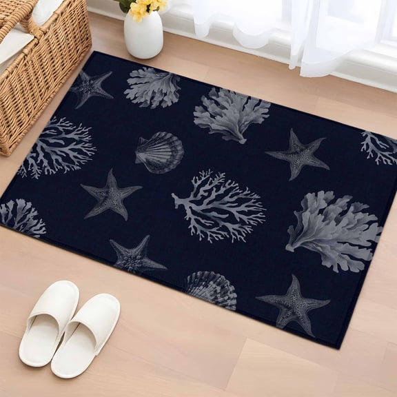 2x3 Ft Entryway Area Rug, Coral Coastal Kitchen Rug Runner Washable Floor Mat, Watercolor Beach Nautical Shells Starfish Non Slip Indoor Door Mat Throw Carpet for Bathroom Living Room Bedroom