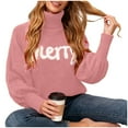 thumbnail image 4 of larppty Women's Christmas Turtleneck Sweater - Long Sleeve Letter Embroidery Loose Knit Pullover（Pink，L）, 4 of 9
