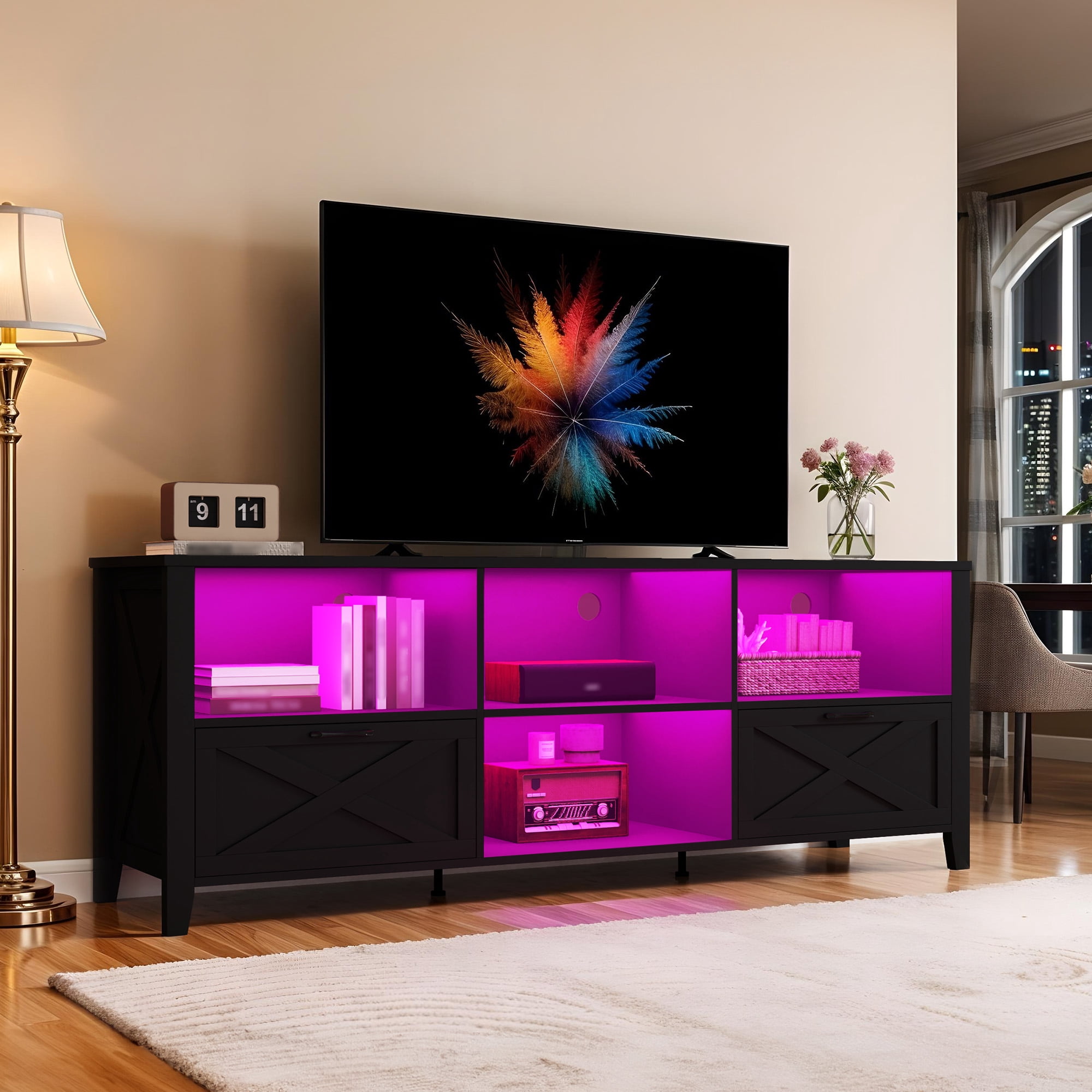 Uforic Modern TV Cabinet with Vibrant LED Lights, 70" Entertainment Center, Fits TVs up to 80", Black