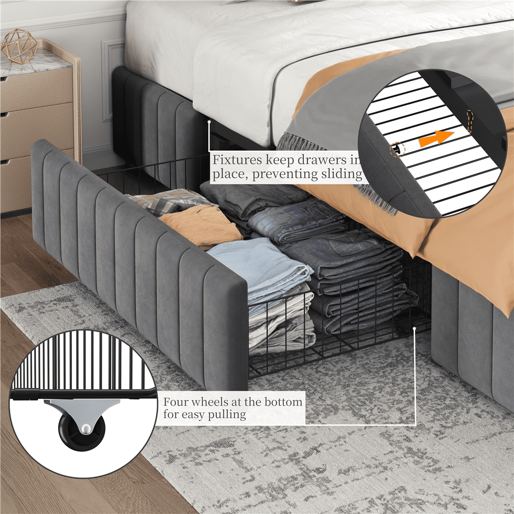 Fullfurnique Upholstered Platform Bed Frame with Three Storage Drawers, Full, Dark Gray