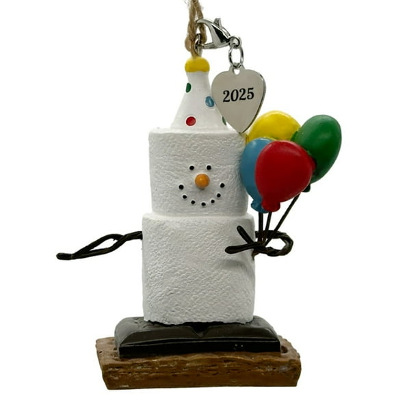 S’mores Happy Birthday Ornament 2025 – With Balloons, Hat & Silver Charm – Elskandi