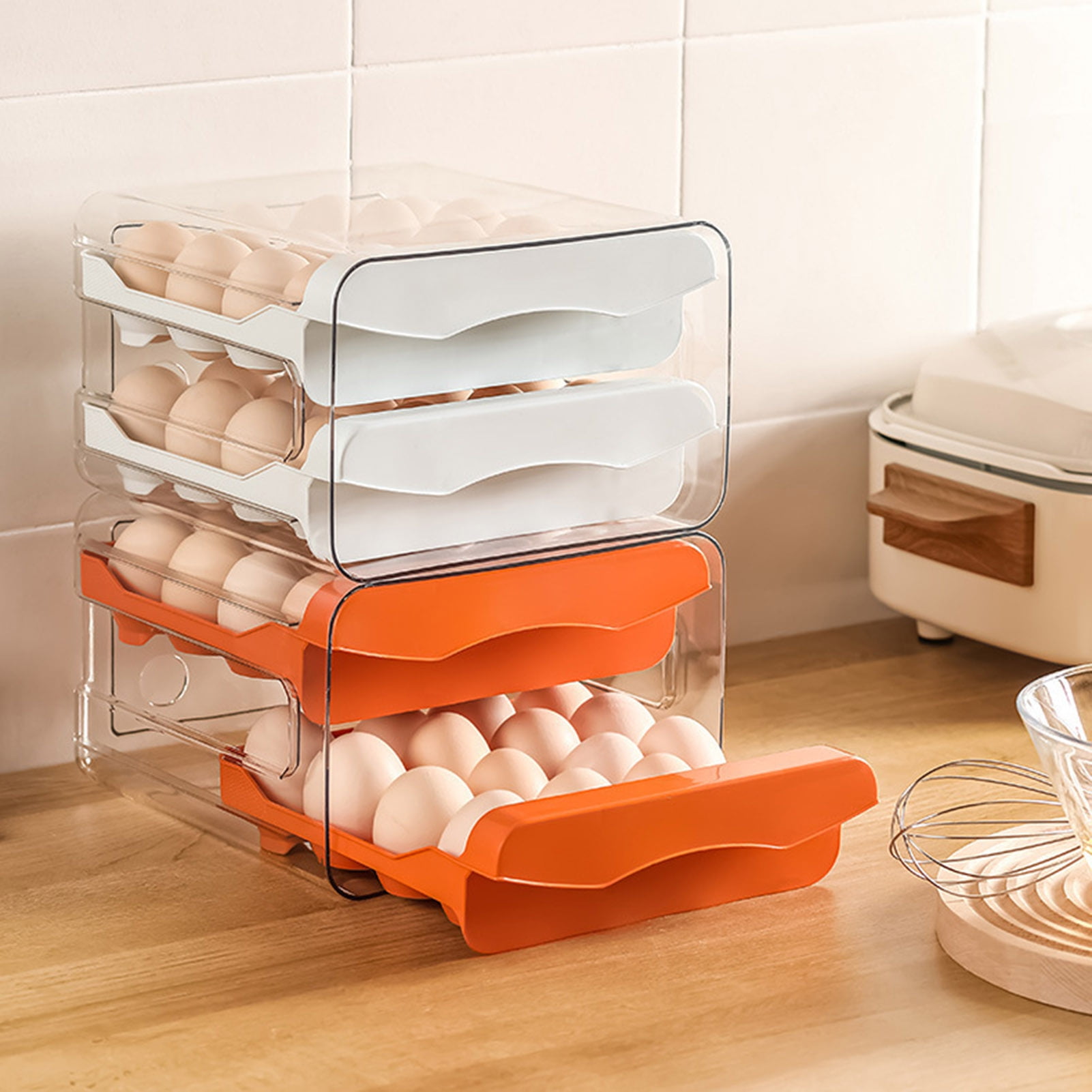 KMSS Egg Dispenser Holder Kitchen Fridge Egg Container Double Layers Transparent Pull Out Drawer Egg Storage Bins Holds 32 Large Eggs