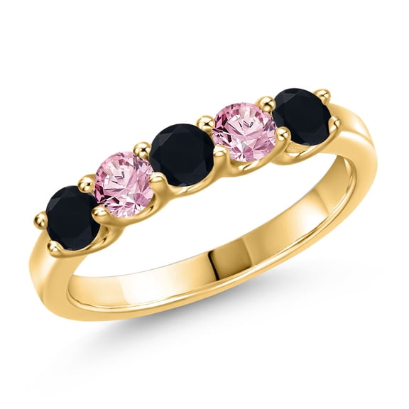 Gem Stone King 18K Yellow Gold Plated Silver Black Onyx and Pink Lab Grown Diamond Wedding-Bands Ring for Women | 0.75 Cttw | Round 3.5MM | Gemstone December Birthstone | Size 7