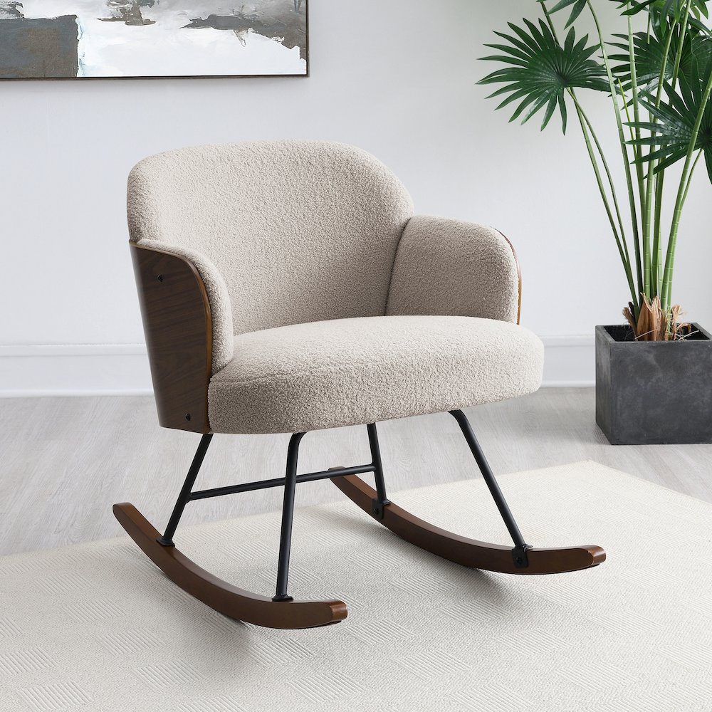Plethoria Home Valera Beige Boucle Upholstered Mid Back Rocking Chair