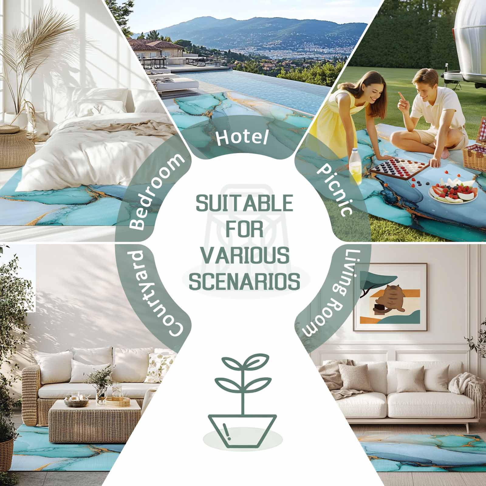5' x 8' Outdoor Rug, Turquoise Marble Outdoor Washable Rug Large Floor Carpet, Farmhouse Abstract Ombre Texture Non Shedding Area Rug for Outside Patio RV Porch Deck Balcony Camping Living Room