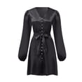 thumbnail image 3 of Women Plain Puff Sleeve Ruffled Button Long Sleeve Dress, 3 of 6