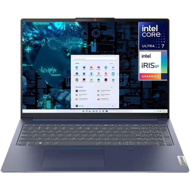 laptop lenovo slim 5i intel core ultra 7 150u 16gb ram 1tb ssd 16 touch windows 11 home teclado en ingles azul Vista frontal abierta de una laptop azul Lenovo Slim 5i con pantalla táctil 16" WUXGA mostrando Windows 11; teclado en inglés retroiluminado, gran trackpad, biseles delgados, acabado metálico y stickers de Intel Core Ultra 7 e Intel Iris Xe visibles; ideal para trabajo móvil y multimedia, y a menudo usada para edición básica en movimiento.