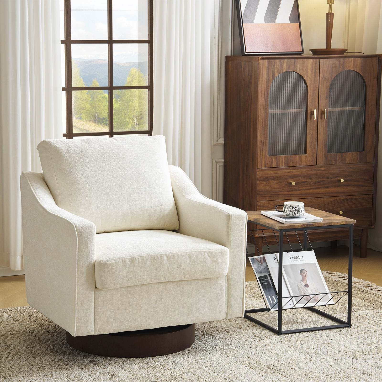Ktaxon 360° Swivel Accent Chair Soft Chenille Fabric Arm Chair High Resilience Cushion Ideal for Living Room  Bedroom Furniture Off White