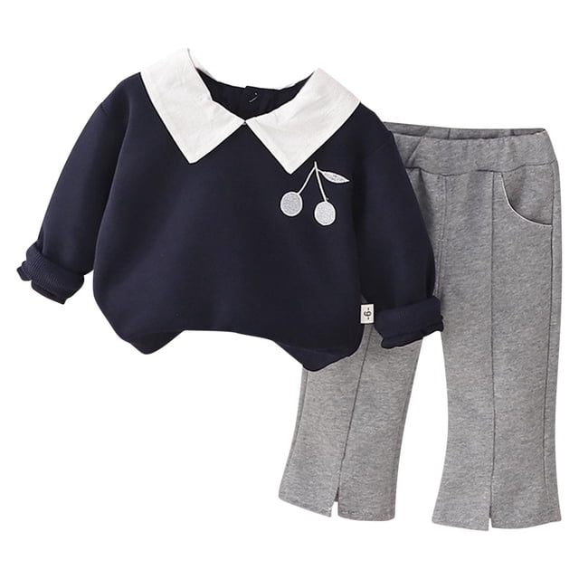 Odeerbi 1-5 Años Niñas Conjunto de Algodón Cuello Abotonado Tops de Manga Larga Pantalones Anchos Conjunto de Dos Piezas