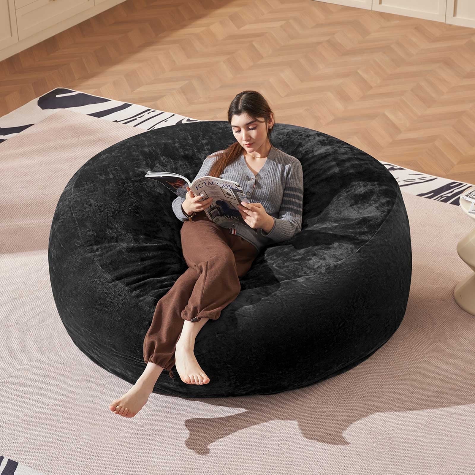 Bean Bag Chair 5FT,  Large Memory Foam Filled Chair for Adults and Teens, Soft Sofa with Removable Flannel Cover, Round Couch for Living Room Bedroom College Dorm