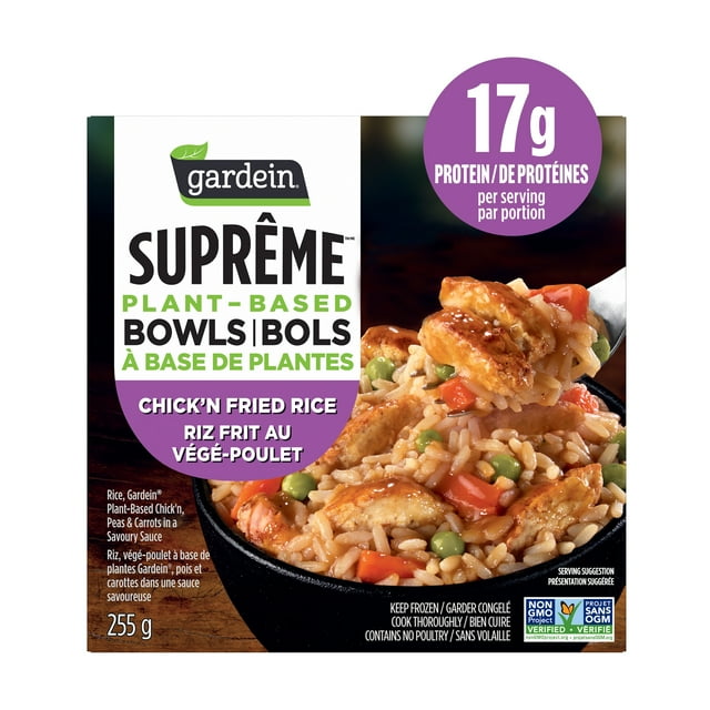 Gardein Suprême Frozen Chick’n Fried Rice Bowl, Rice with Plant-based Chicken, Peas and Carrots, Enjoy in Dinner or Meal, Vegan, 17g of Protein, Frozen Meal, 255g