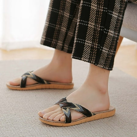 

Aufmer Clearance Slippers Men Open Toe Male Fashion Anti-Slip Linen Home Indoor Open Toe Flat Shoes Beach Slippers