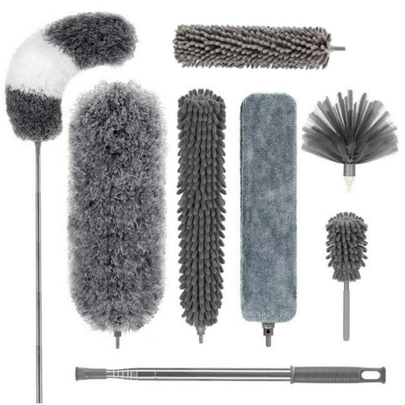 Microfiber Feather Duster (8pcs) with 100" Extension Pole, Washable Reusable Bendable Dusters,Household Cleaning Dusters for Cleaning Ceiling Fan, High Ceiling, TV, Blinds, Cars,Gray