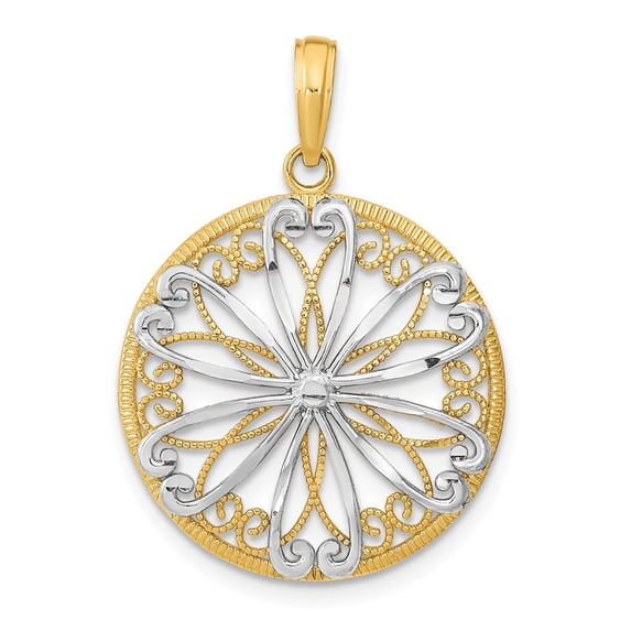 FB Jewels 14k White and Yellow Two Tone Gold Round Frame with filigree Center Pendant Two-color