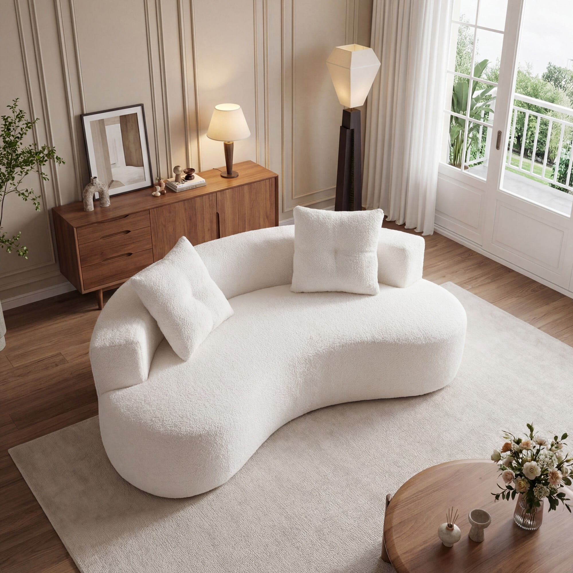 DEALTOPS 80" Curved Boucle Floor Sofa, 3-Seater Boneless Cloud Couch with 2 Pillows, No Assembly, Beige