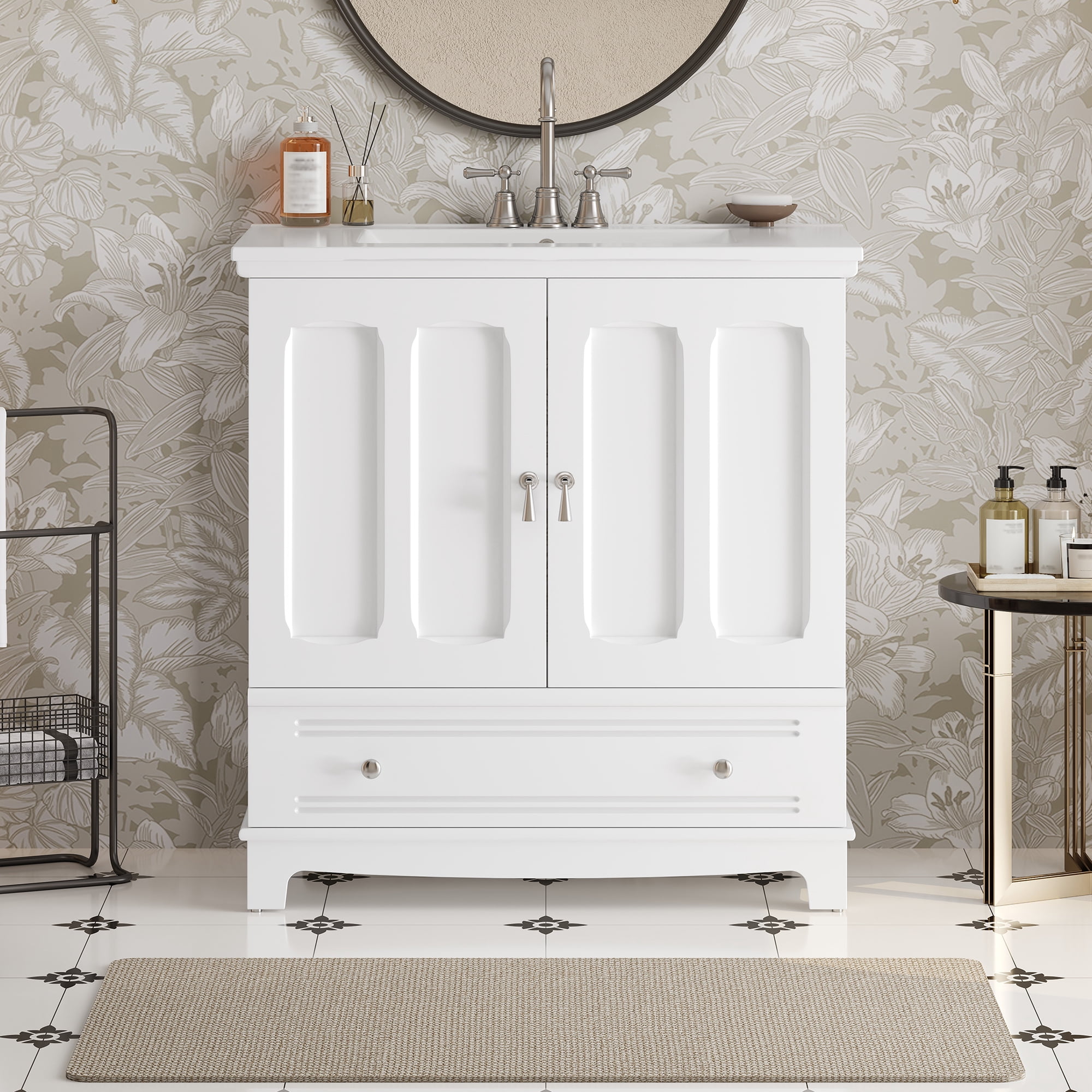 Euroco 30" Bathroom Vanity with Ceramic Sink, Solid Wood Frame Bathroom Sink Cabinet with Adjustable Shelf, Drawer with Divider, Solid Wood Feet