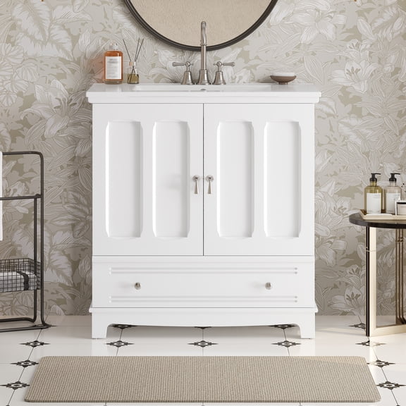 Harper & Bright Designs 30" White Bathroom Vanity Sink Combo, Freestanding Storage Cabinet with Drawer, Bathroom Floor Cabinet with Adjustable Shelf and Solid Wood Feet