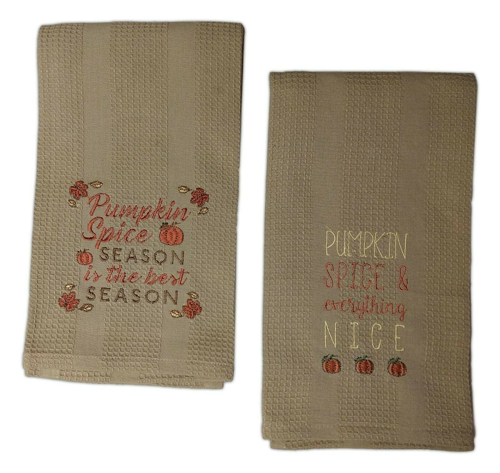 Set of 2 PUMPKIN SPICE Themed WaffleWeave Embroidered Fall Kitchen